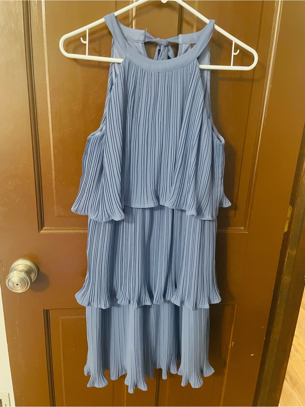 Pleated Tiered Halter Dress - Light Blue